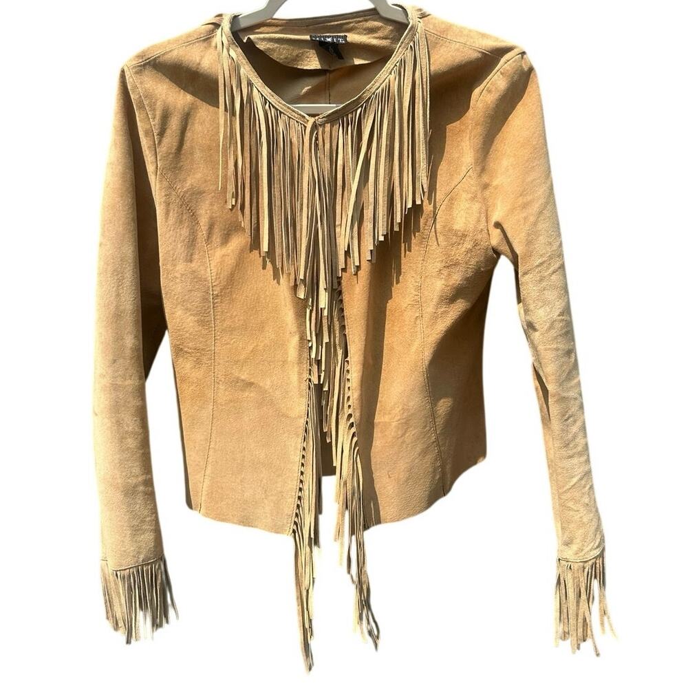 Vintage MIXIT Suede Leather Fringe Jacket L Western Cowgirl Boho Tan Y2K - Picture 2 of 10